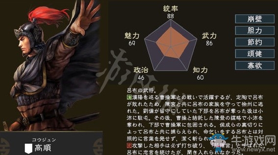 《三國志14》高順特性介紹