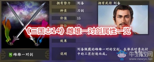 《三國志14》雌雄一對劍屬性一覽